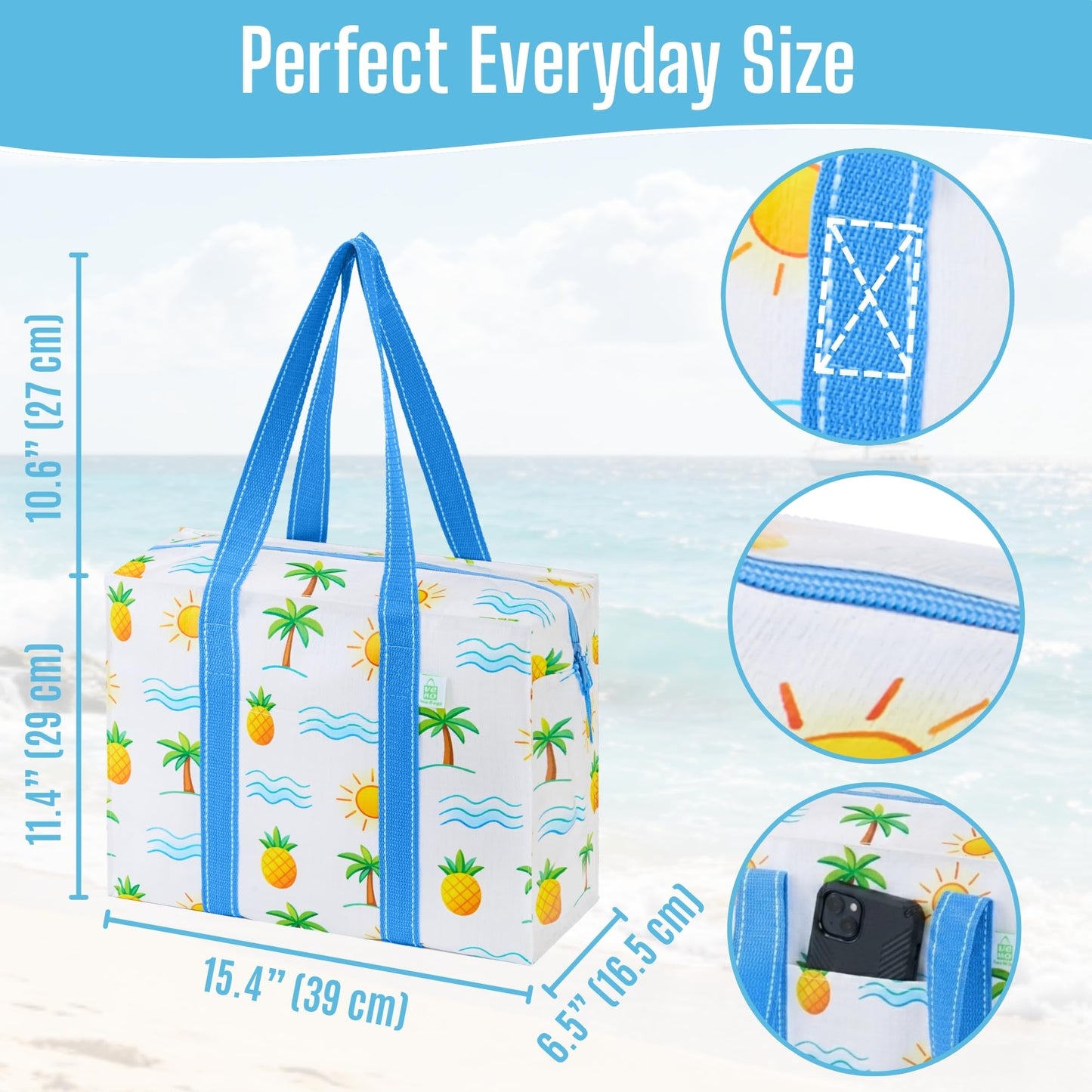 VENO 2 Pack Reusable Grocery Bags with Zipper, Heavy Duty Large Utility Tote with Hard Bottom, Foldable Water-Resistant Shopping Bags for Summer Beach, Pool, Picnic & Family Travel (Tropical Island)