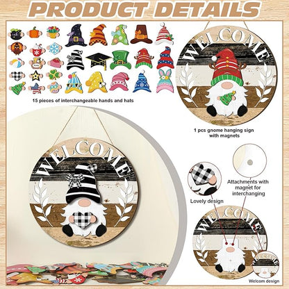 Qunclay Interchangeable Wooden Gnome Decor Holiday Seasonal Gnome Decorations with Magnet Pieces and Detachable Hats Changeable Welcome Sign for Home(Black White Grey)