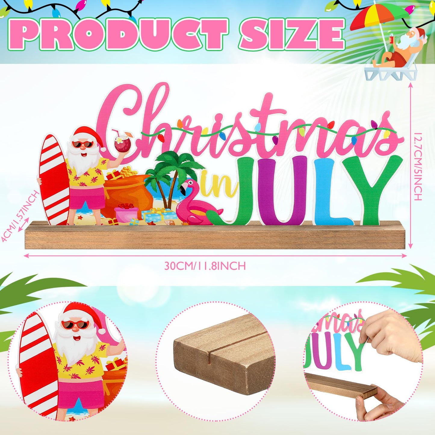 MiniInflat Christmas in July Metal Sign Rustic Table Decor Holiday Tiered Tray Decor with Wooden Base Freestanding Metal Word Sign for Home Tabletop Centerpiece Mantel Shelf Fireplace
