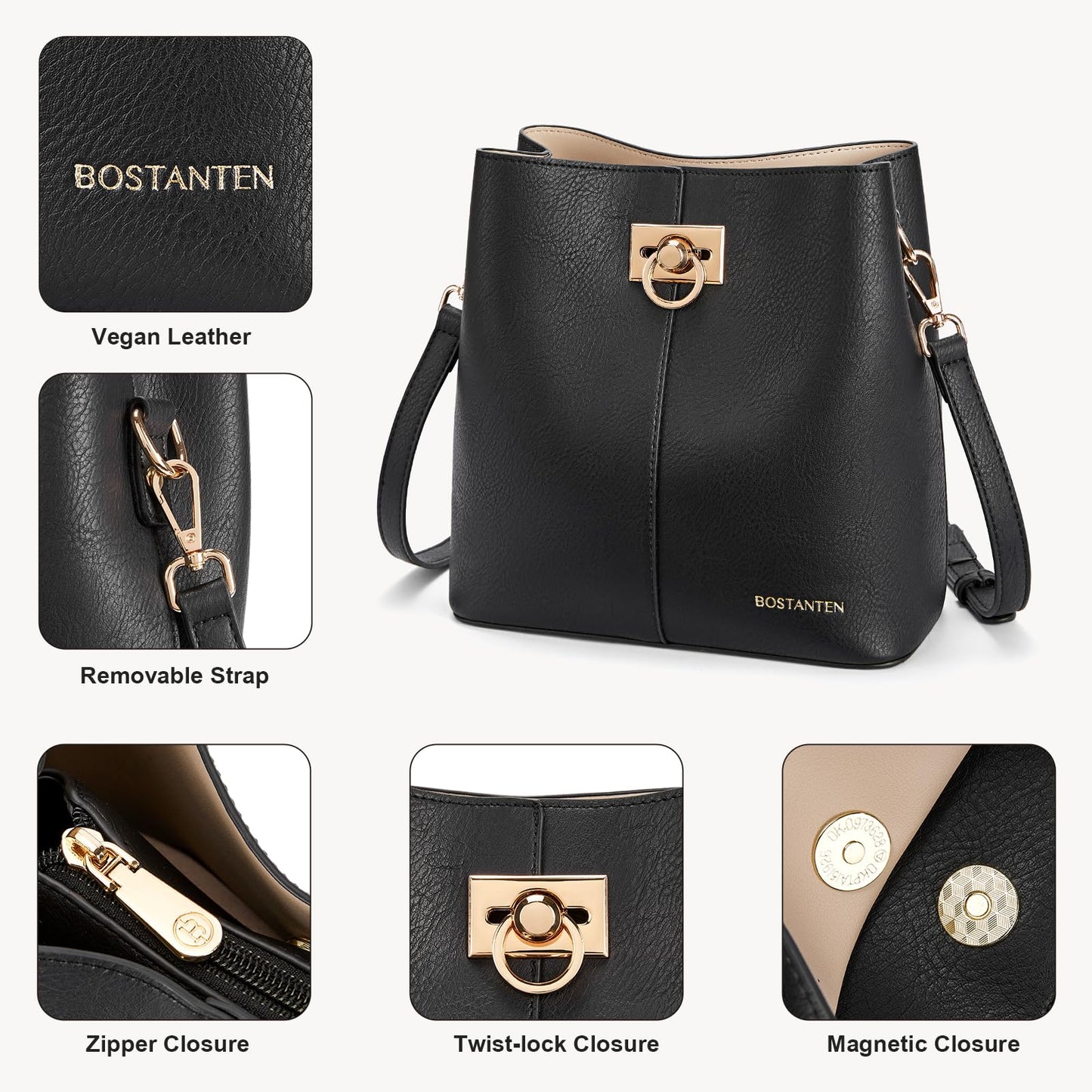 BOSTANTEN Crossbody Bucket Shoulder Bags for Women Vegan Leather Purse Cross Body Handbag Multiple Pockets Black