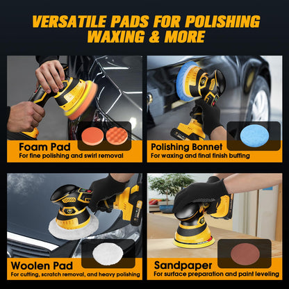 Niusken Cordless Car Buffer Polisher kit [2x 2000mAh 21V Batteries & 18 PCS Attachments] 6-Speed Orbital Design, LED Display, Lightweight Detailing Tool for Waxing, Polishing & Scratch Removal-Yellow