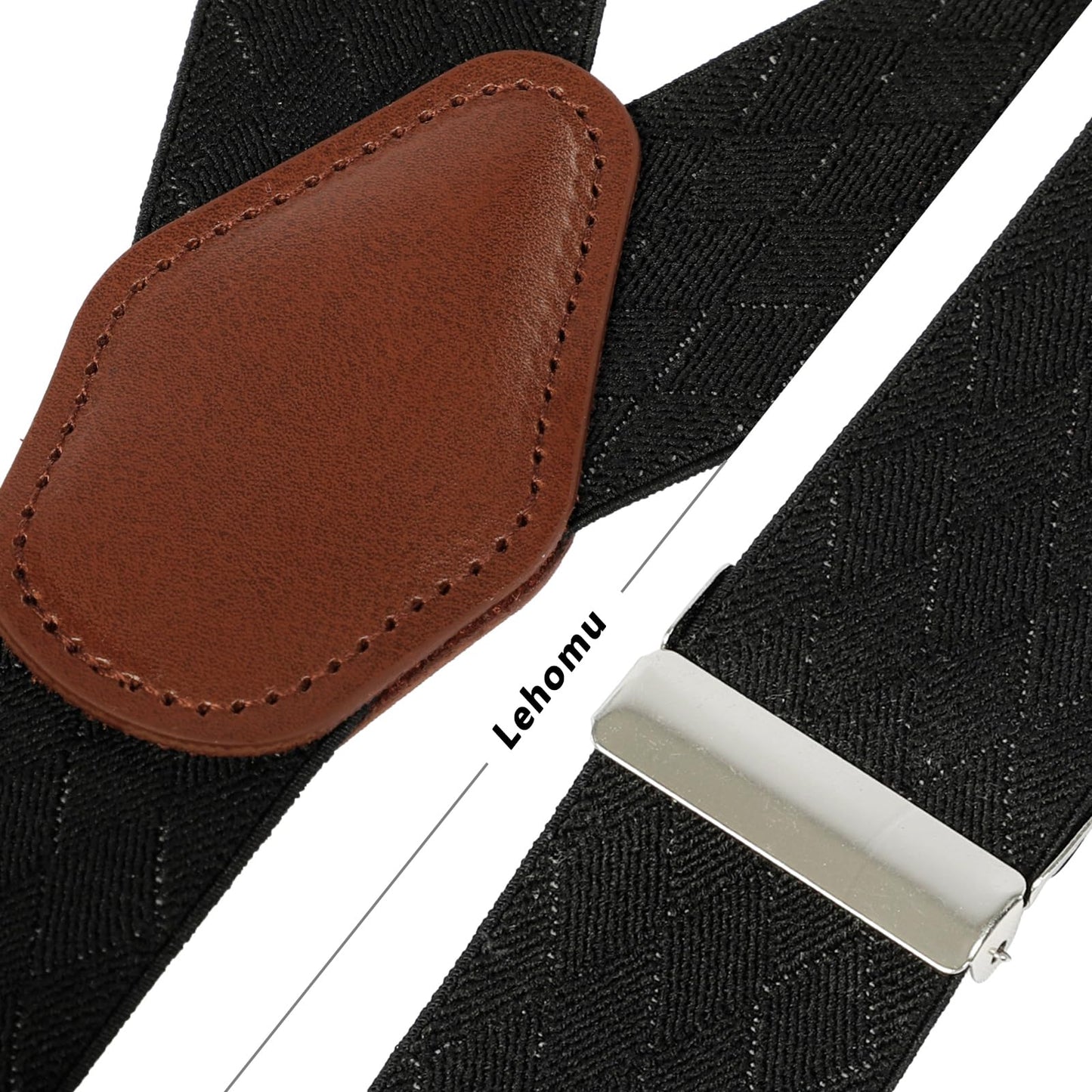 LEHOMU Men Suspenders Adjustable,1.4 Inch Wide Heavy Duty Y-Back Elastic Tuxedo Elastic Mens Suspenders with Leather Buttons and 3 Metal Clips,Black and Grey Stripe