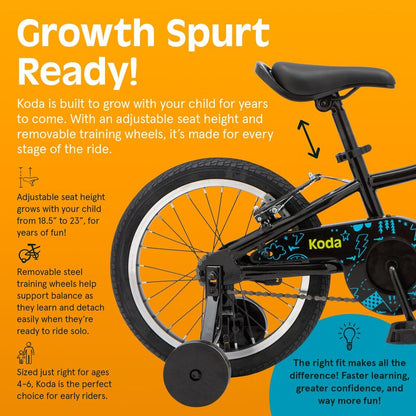Retrospec Koda Plus Kids Bike for Boys & Girls Ages 4-6 Years - 16" Children's Bicycle, Adjustable Seat & Handlebars, Removable Training Wheels, Front Hand Brakes, Rear Coaster Brake & Safety Bell