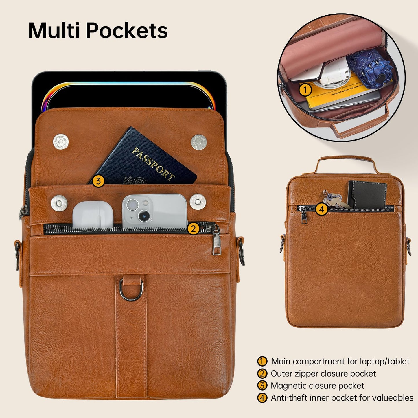 13 Inch Laptop Shoulder Bag Leather Briefcase for 2026 Macbook Neo A18, Macbook Air 13" M5 M4 M3 /Macbook Pro 14" M5 M4, iPad Air 13"/Pro 13" M5 M4, Vertical Laptop Sleeve Messenger Computer Bag,Brown