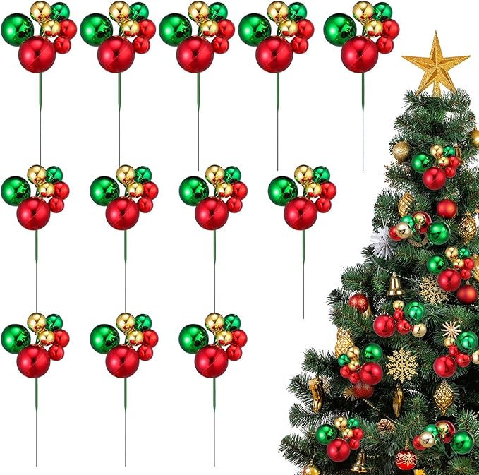 12 Pcs Christmas Tree Picks 7.87 Inch Red Green Gold Christmas Balls Ornaments Christmas Tree Decorations for Xmas Tree Topper DIY Wreath Holiday Floral Vase Fillers Crafts Home Decor