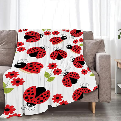 Ladybug Blanket, Lady Bug Cartoon Throw Blankets, Flower Green Leaves Fuzzy Plush Blanket Ultra Soft for Animal Lover Gift Kids Teens Women Men Girls Boys Stuff Decor for Bedding Sofas Couch 50"X40"