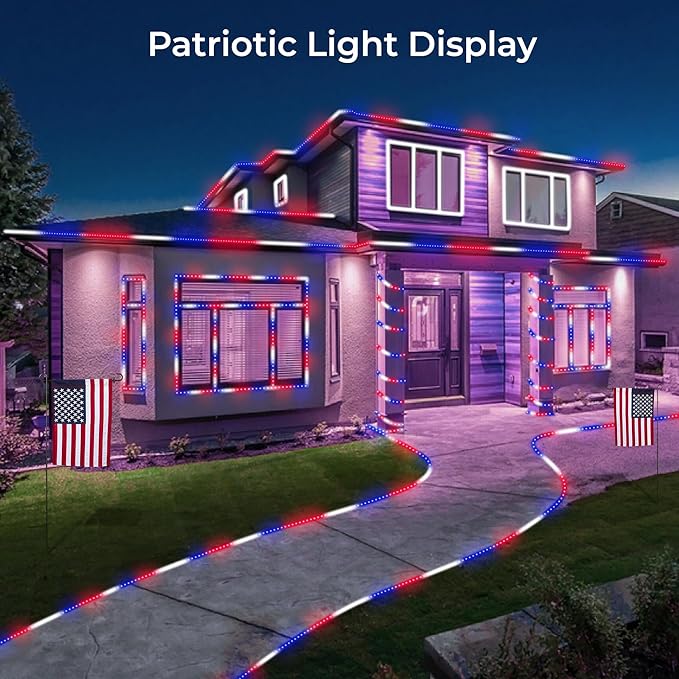 WYZworks 576LEDs 50ft LED USA Patriotic American Red White Blue Outside Rope Lights, Outdoor ETL Certified Waterproof Permanent 360 Degree Light, Flexible Tube, Connectable, Palm Tree Exterior