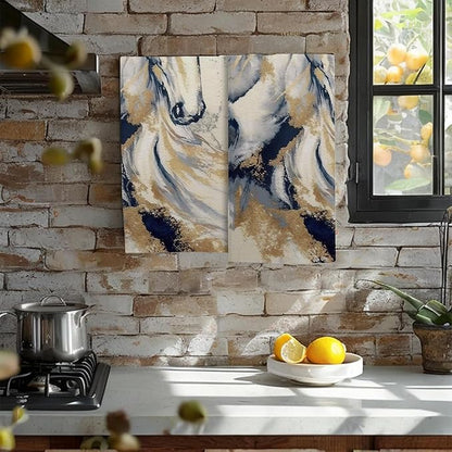 Golden Horse Oil Painting Kitchen Hand Towel Set of 2, Abstract Art Painting
