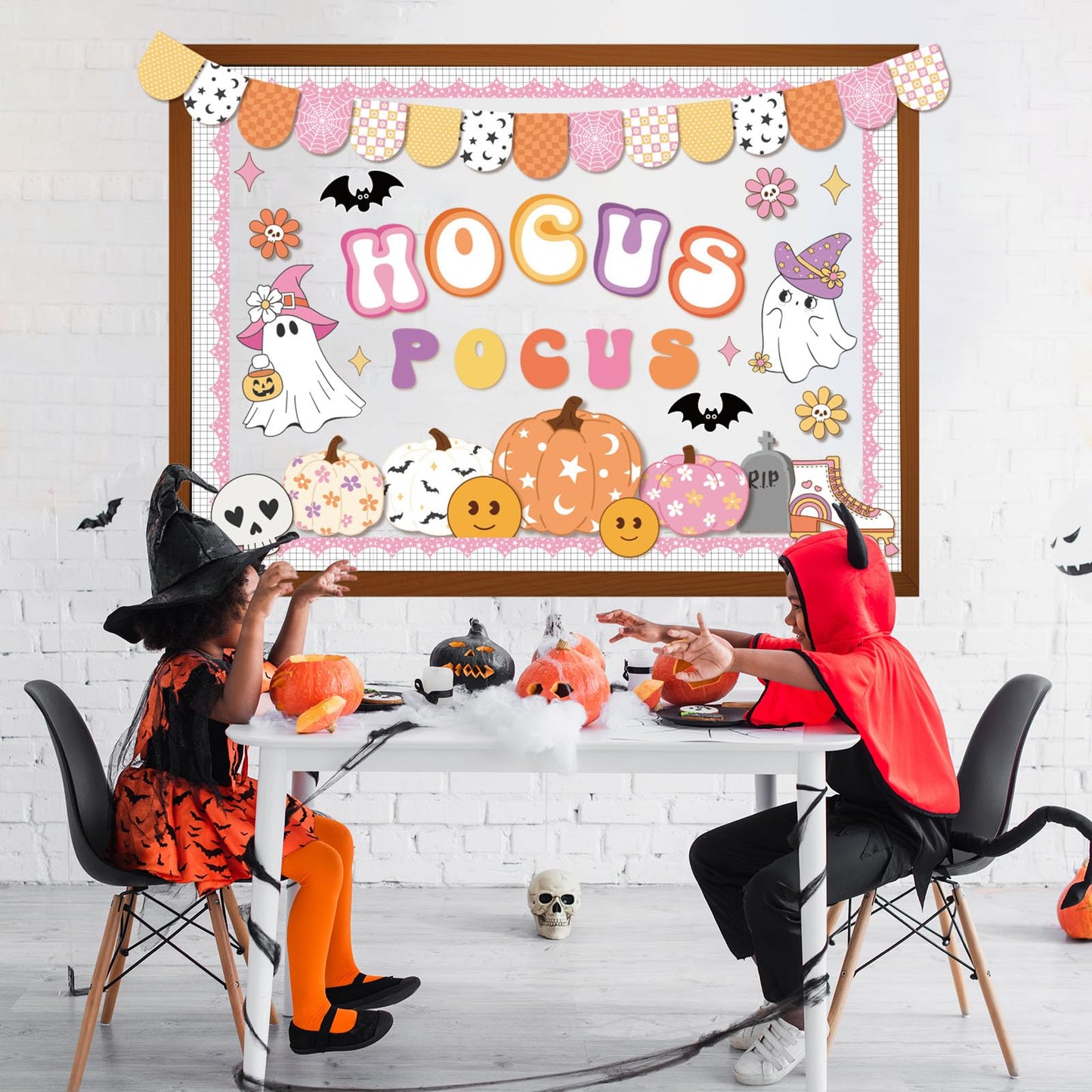 Pasimy Halloween Bulletin Board Decorations Set Halloween Theme Classroom Decor Spider Bat Ghost Pumpkin Cutouts with Borders for Home School Party Supplies (Hocus Pocus)