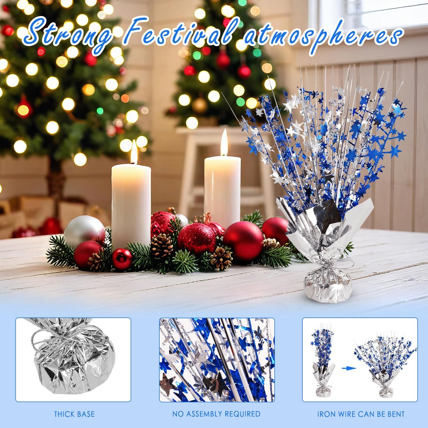 Metallic Foil Spray Centerpieces 12 Pack Star Table Decorations with Weighted Base, Metallic Starburst Table Centerpiece for Graduation 2026, Birthday, Party Decorations (Silver Navy Blue)