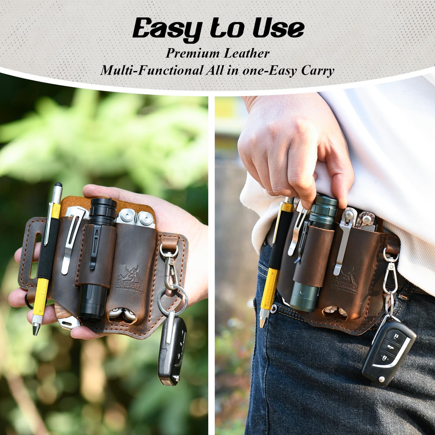 FLYHOMES Premium Full-Grain Genuine Cowhide Leather Multitool Sheath | Handmade Stitched Belt Organizer for Leatherman, Flashlight, Pen & EDC Tools | Multi-Tool Holster Pouch with Keychain Clip