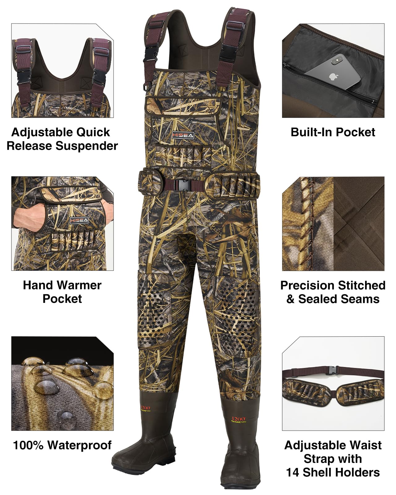 HISEA Hunting Waders for Men with 1200G Insulated Boots, Neoprene Waterproof Chest Wader, Bootfoot Fishing Waders