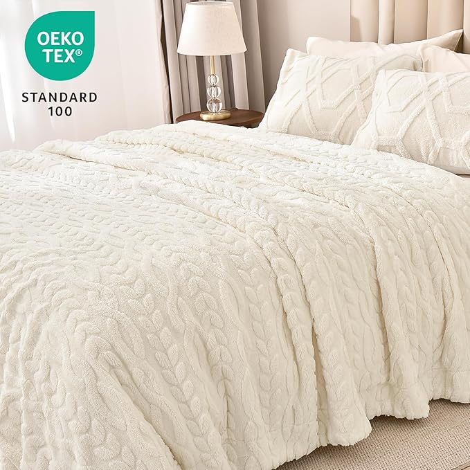 PHF Fluffy Sherpa Blanket King Size for Winter, Warm and Soft, 510GSM 3D Jacquard Thick Shaggy Fleece Plush Blanket for Sofa Bed, Cream, 108"x90"