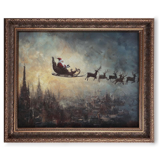 Vintage Christmas Tree Painting Print, Santa Claus Christmas Art Print, Antique Holiday Winter Wall Decor, Winter Xmas Vintage Wall Art, Holiday Decor (11 x 14 in Print Unframed, Santa Flying)