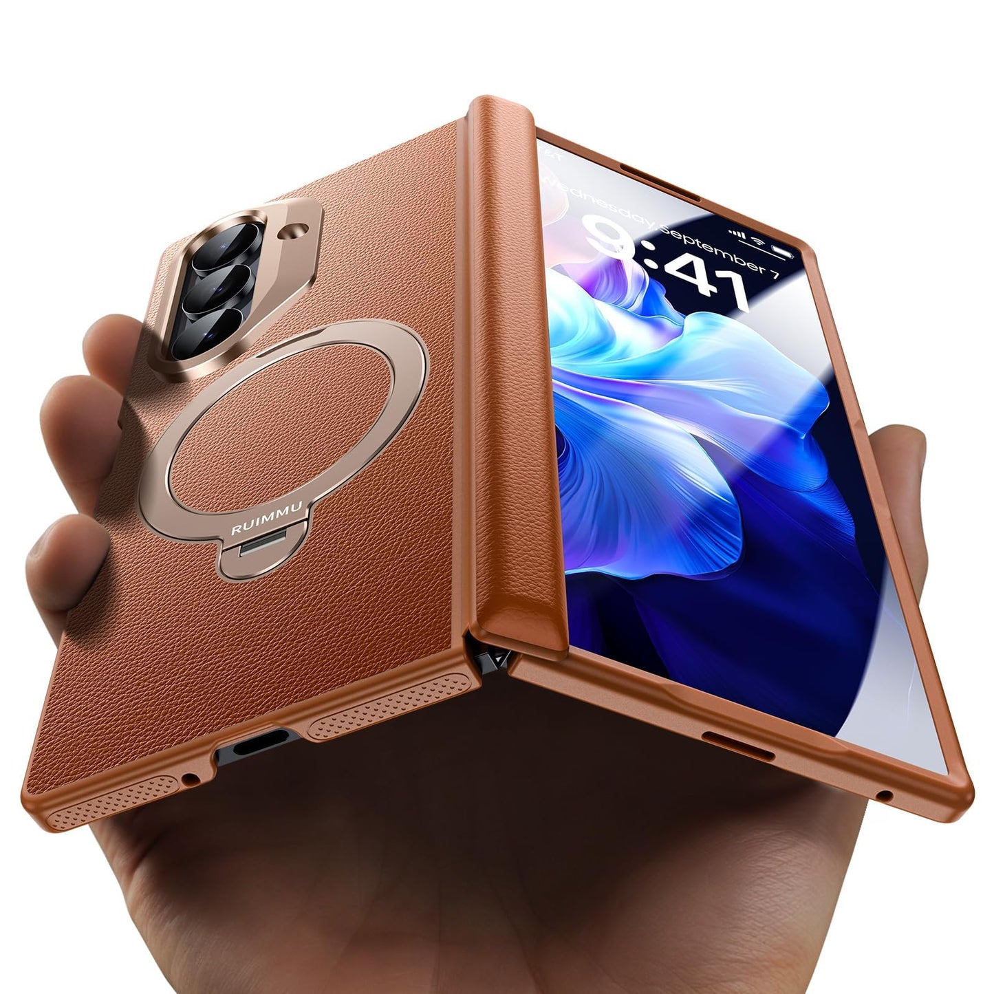 RUIMMU for Samsung Galaxy Z Fold 7 Case - Luxury Leather Texture Zfold 7 Case with Screen Protector, Kickstand and 360° Ring Holder Brown