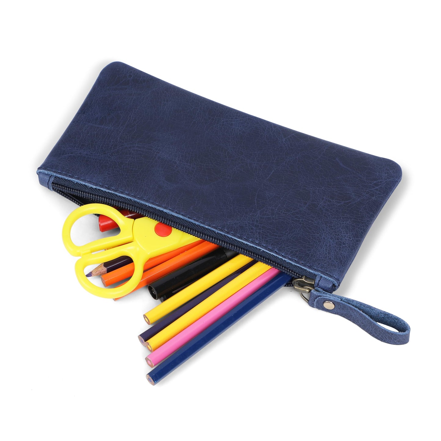 TheAntiq Blue Leather Pencil Pouch with Zipper - Slim Pen Holder (8" x 4" Inches), Coin Pouch & Cash Holder, Genuine Leather Pencil Case, Money Organizer, Multipurpose Accessory Case for Men & Women
