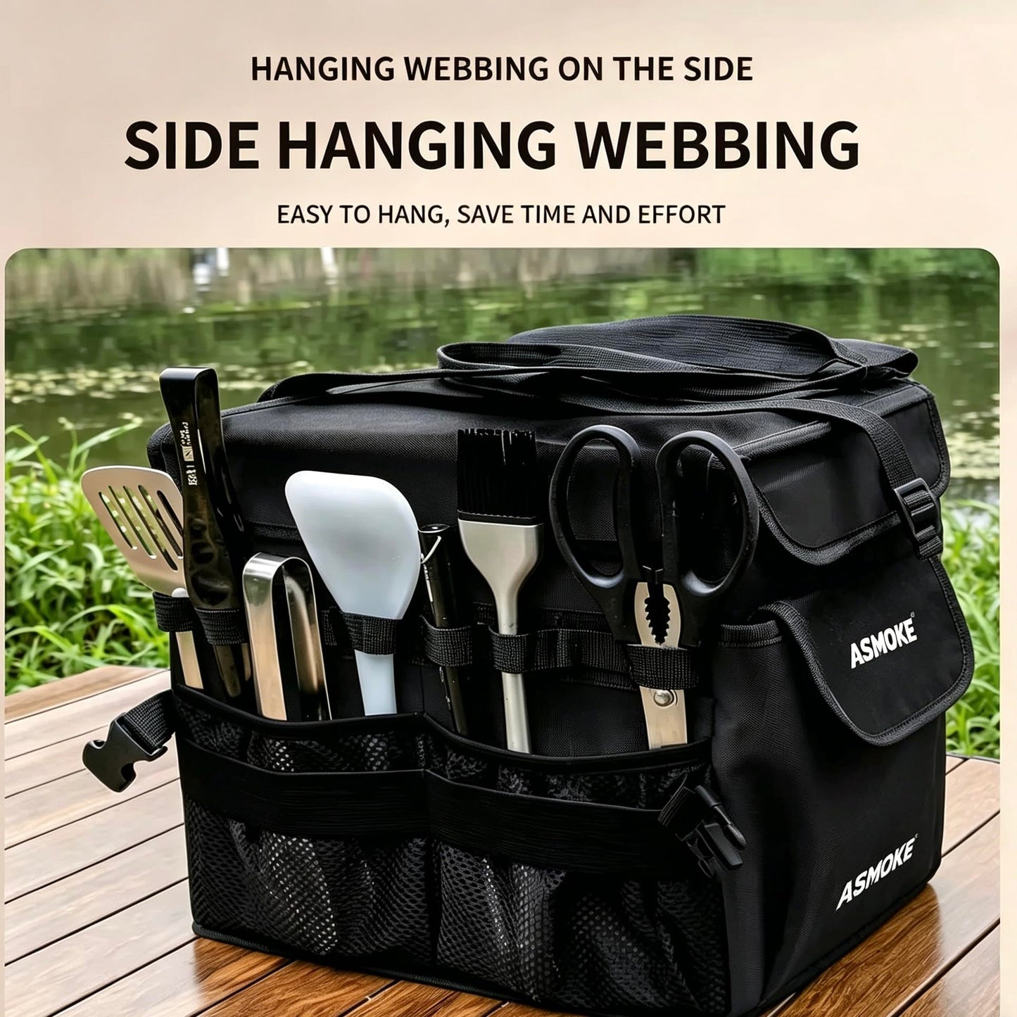 ASMOKE Essential Storage Bag - Custom Fit Grills & BBQ Accessories, Weather-Resistant, Multi-Compartment Design with Carrying Handles, Foldable for Compact Storage