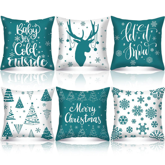 VitalCozy 6 Pcs 18 x 18 inch Christmas Throw Pillow Covers Xmas Cushion Covers Pillow Cases Snowflake Winter Throw Pillow Covers Christmas Decor for Bedroom Sofa Couch Cushion Square Home (Teal)