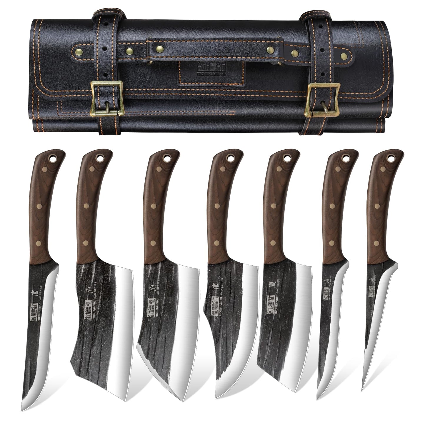 HOSHANHO Butcher Knife Set, Hand Forged Butcher Chef Knife Set with Roll Bag, Sharp Meat Cleaver Knife & Bone Chopper Knives & Fillet Knives for Home & Camping & BBQ Gift with Men