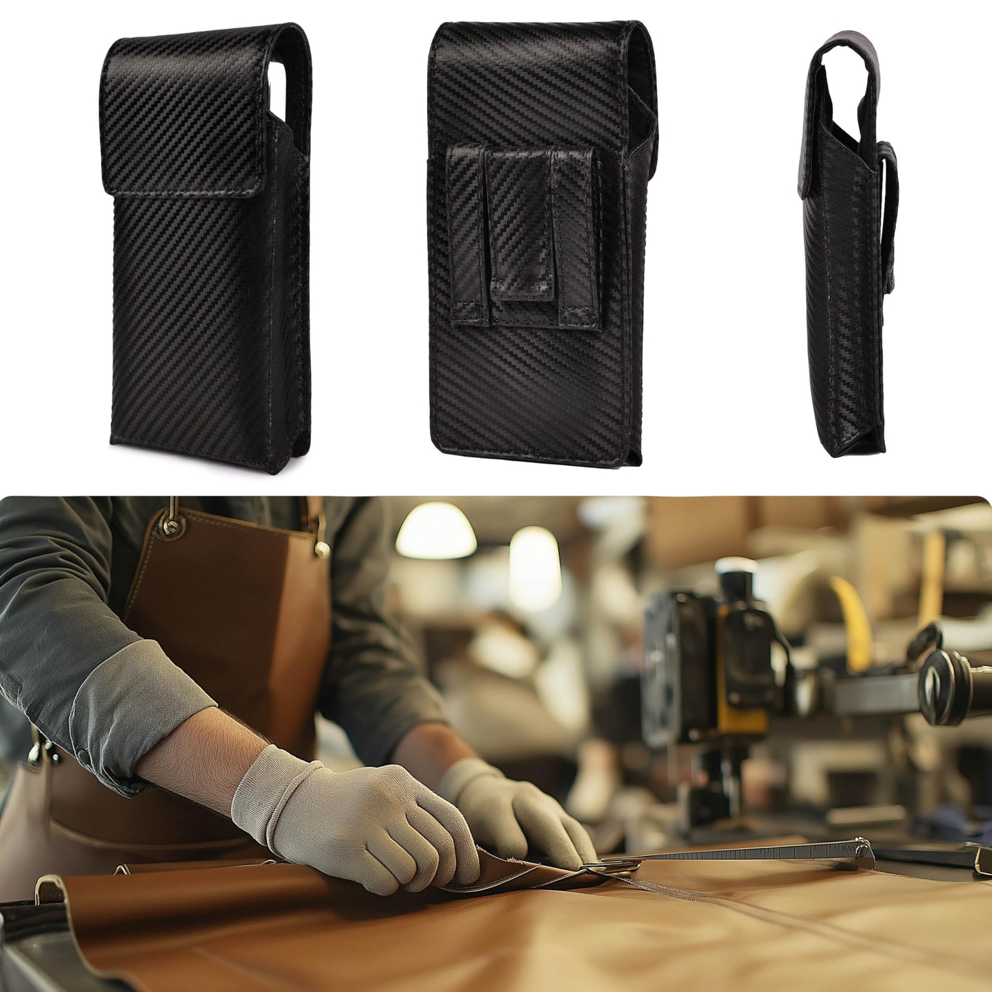 LEATHER VILLAGE Carbon Genuine Leather Phone Holster with Belt Clip - Compatible with iPhone 16 Pro Max 15 Pro Max 14 Pro Max 13 Pro Max 12 Pro Max 16 Plus 15 Plus 14 Plus Galaxy s23/24Plus - Black- L