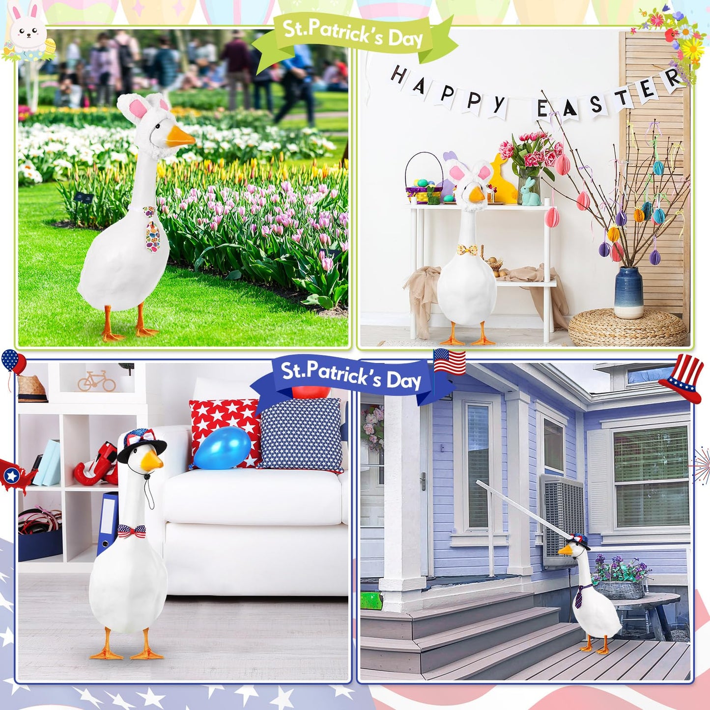 Weysat 8 Set Holiday Porch Goose Outfits All Season Holiday Bundle 4th of July Fall Halloween Christmas St. Patrick Easter Lawn Porch Geese Clothes Hat Bowtie Tie Outfit for 23" Goose Patio Yard Decor