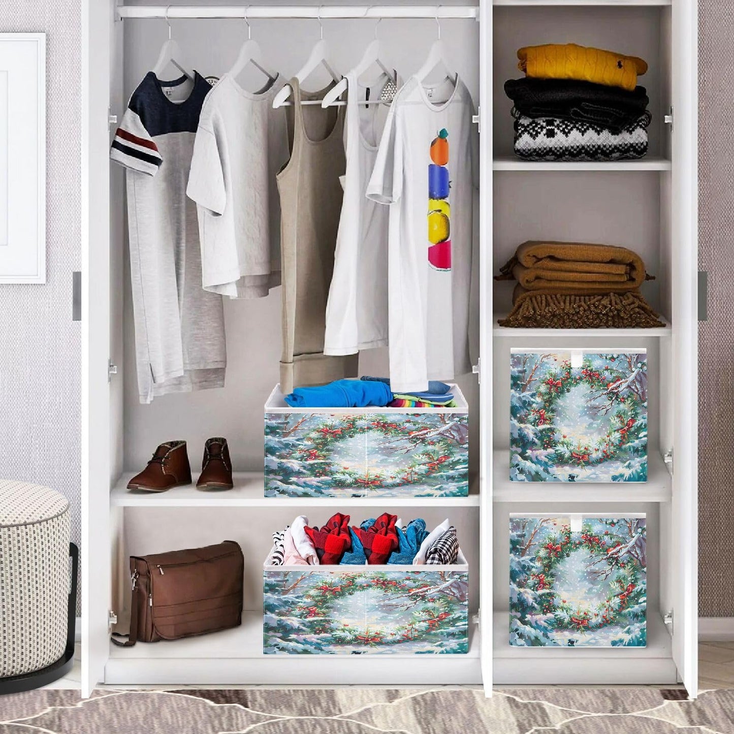 senya Large Storage Bins Beautiful Christmas Wreath Collapsible Foldable Storage Cubes Fabric Basket Closet Organizer Containers Box for Home Bedroom Office 15.7 x 10.6 x 6.9in