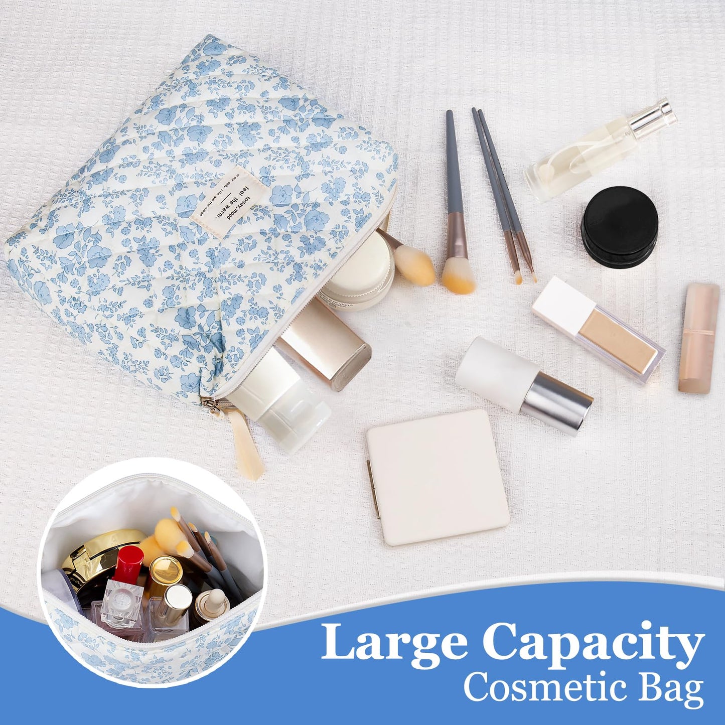 Gosect Large Makeup Bag, Cute Cosmetic Bag for Women Girls, Floral Coquette Aesthetic Toiletry Bag, Travel Make Up Organizer Bag(Blue Floral)