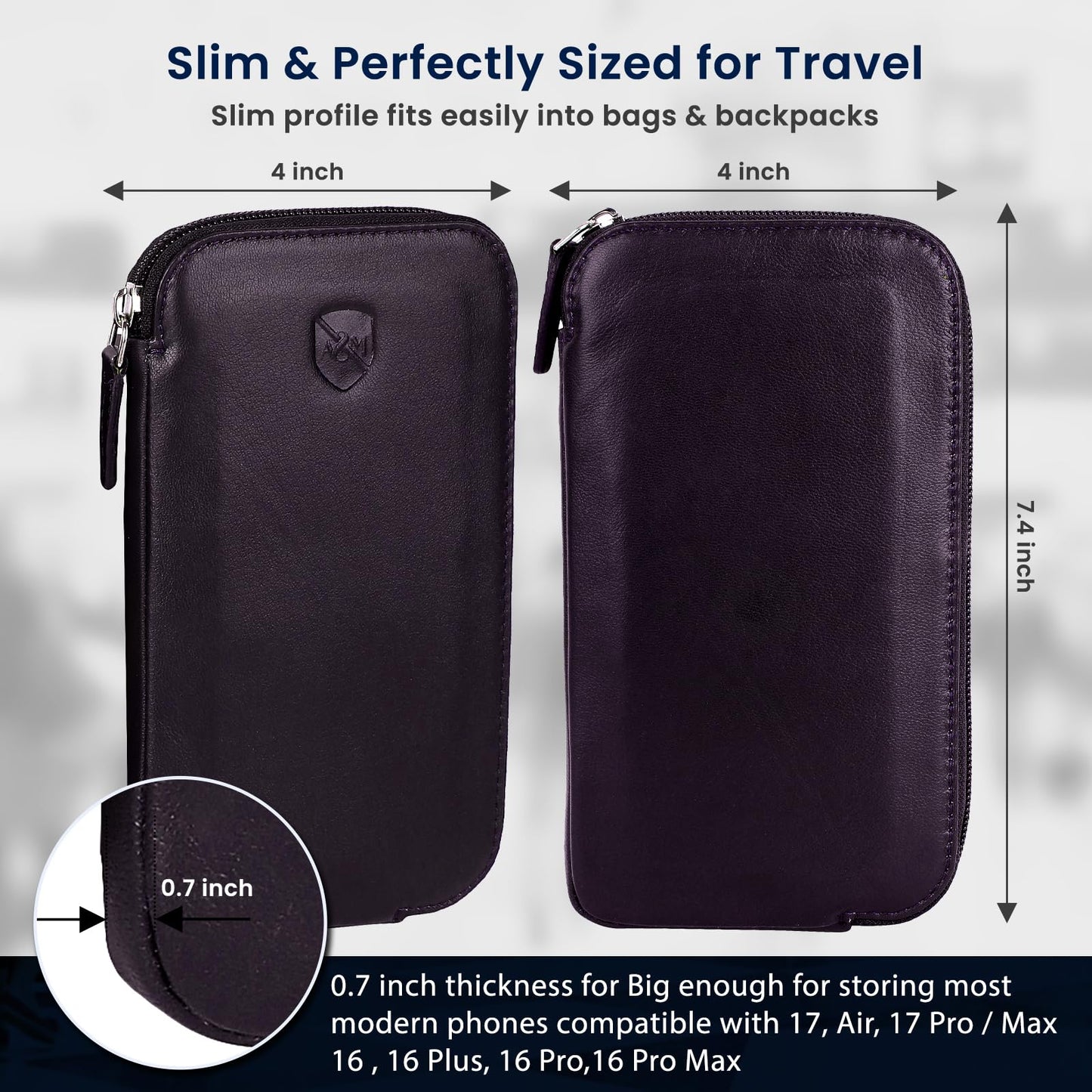 ALLEN & MATE Genuine Leather iPhone Pouch with Zip – Slim Mobile Phone Sleeve Cell Phone Pouch for iPhone 17 Pro Max, 16, 15, Google Pixel 10, Samsung Galaxy S25 & Android Smartphones Brown