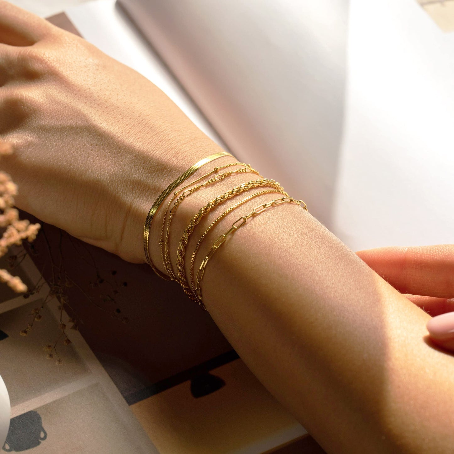 DEARMAY Gold Bracelets for Women 14K Real Gold Plated Jewelry Sets Stack Trendy Dainty Stackable Paperclip Rope Snake Box Figaro Chain Bracelets Pack Costume Fashion Filled Gifts