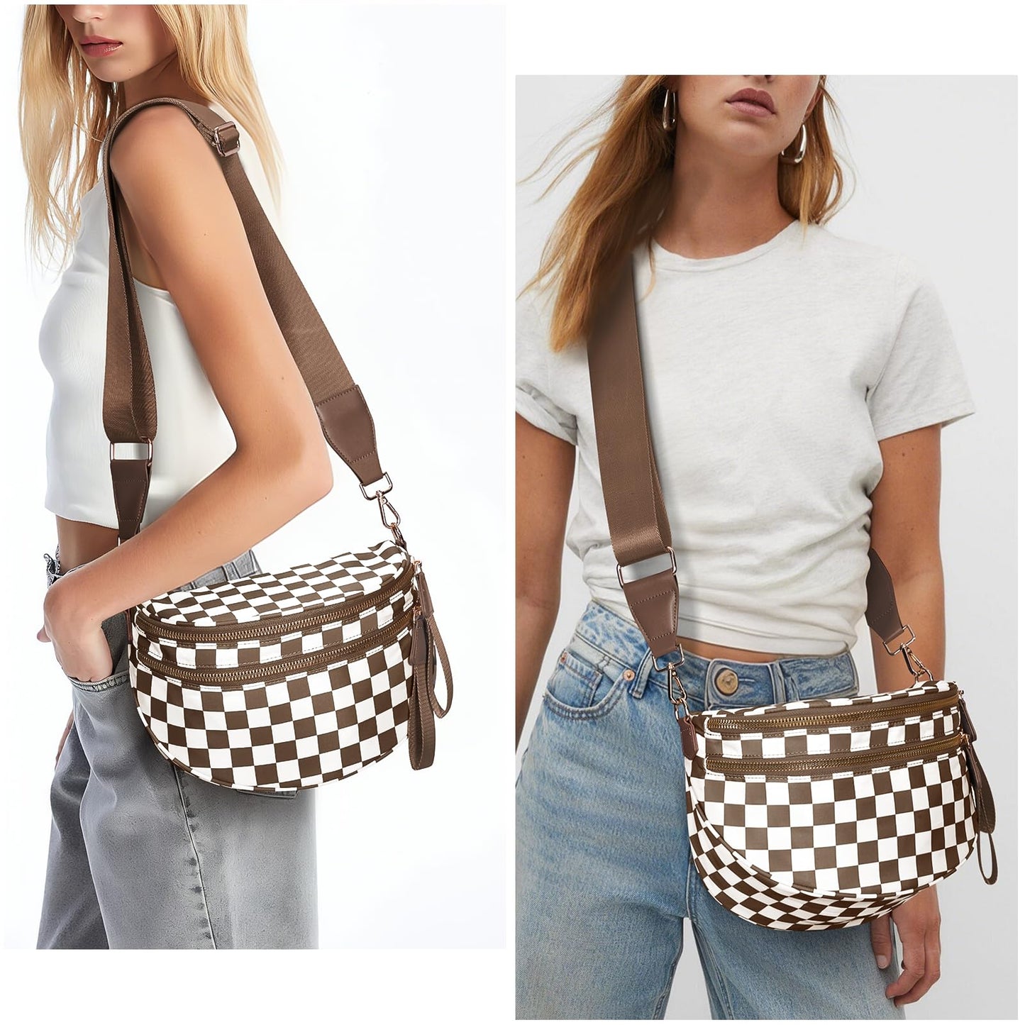 Checkered Crossbody Bum Bags for Women Nylon Checkered Purse Checkerboard Fanny Pack
