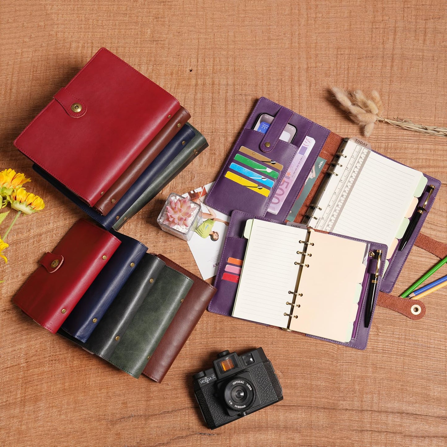Wonderpool A6 Binder Journal Leather Spiral Notebook Refillable College Ruled Paper, Budget Binder Rings Diary Organizer with Pen for Office School Travel Business Planning Writing (Purple,A6)