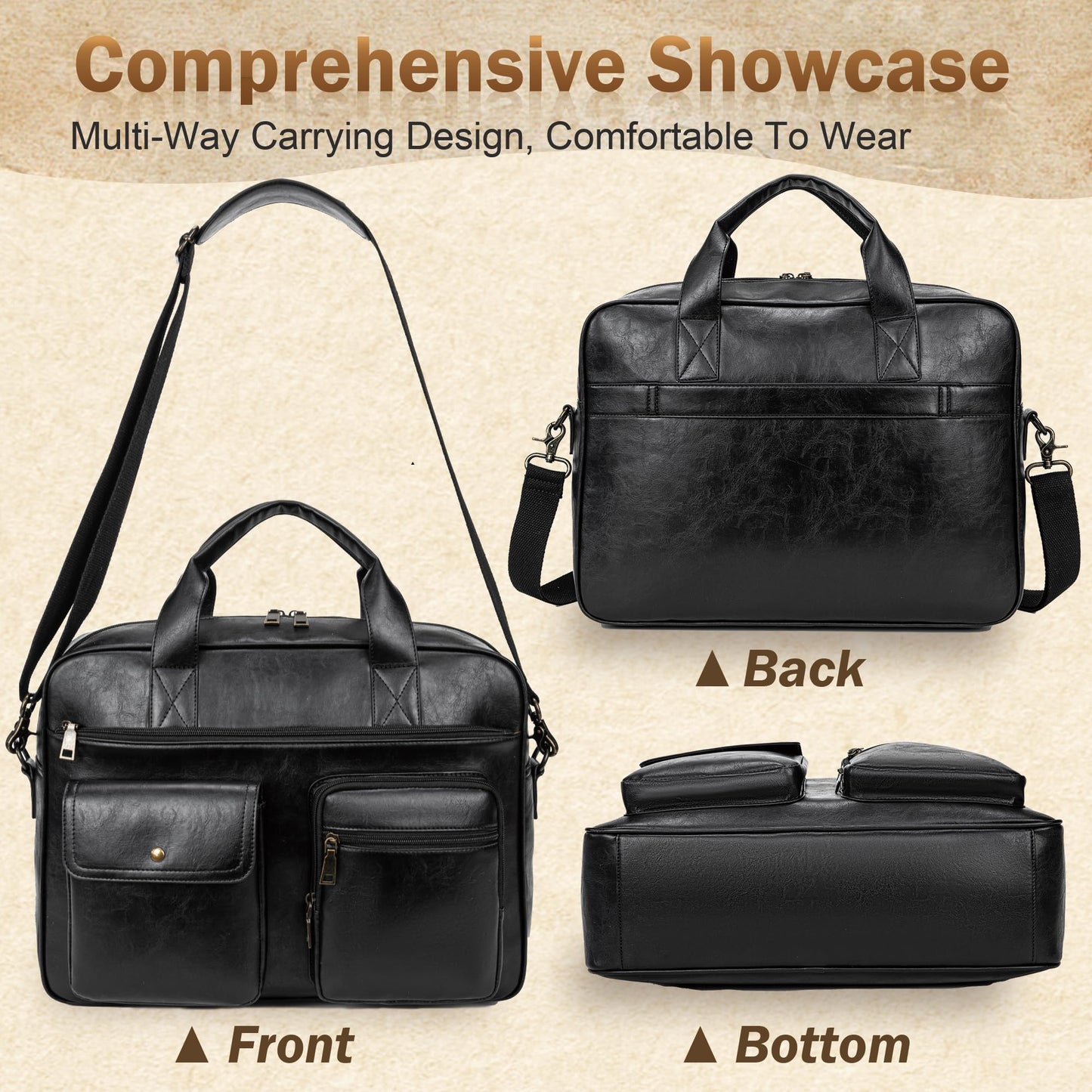 Yuni Sophy Briefcase for Men 15.6 Inch Laptop Messenger Bag Faux Leather Multi-Pocket Business Work Bag Waterproof Office Travel (Black)