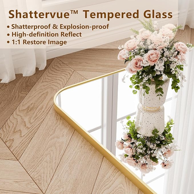 Koonmi Full Length Mirror, 65"x24" Mirror Full Length with Stand, Gold Domed Top Square-Edged Floor Mirror with Aluminum Alloy Frame for Bedroom Living Room
