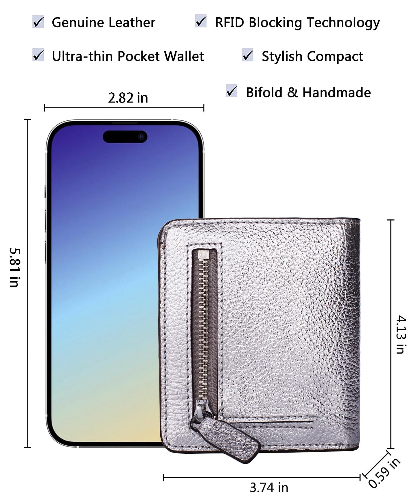 AINIMOER Small Leather Wallet for Women, Ladies Credit Card Holder RFID Blocking Women's Mini Bifold Pocket Purse, Silver