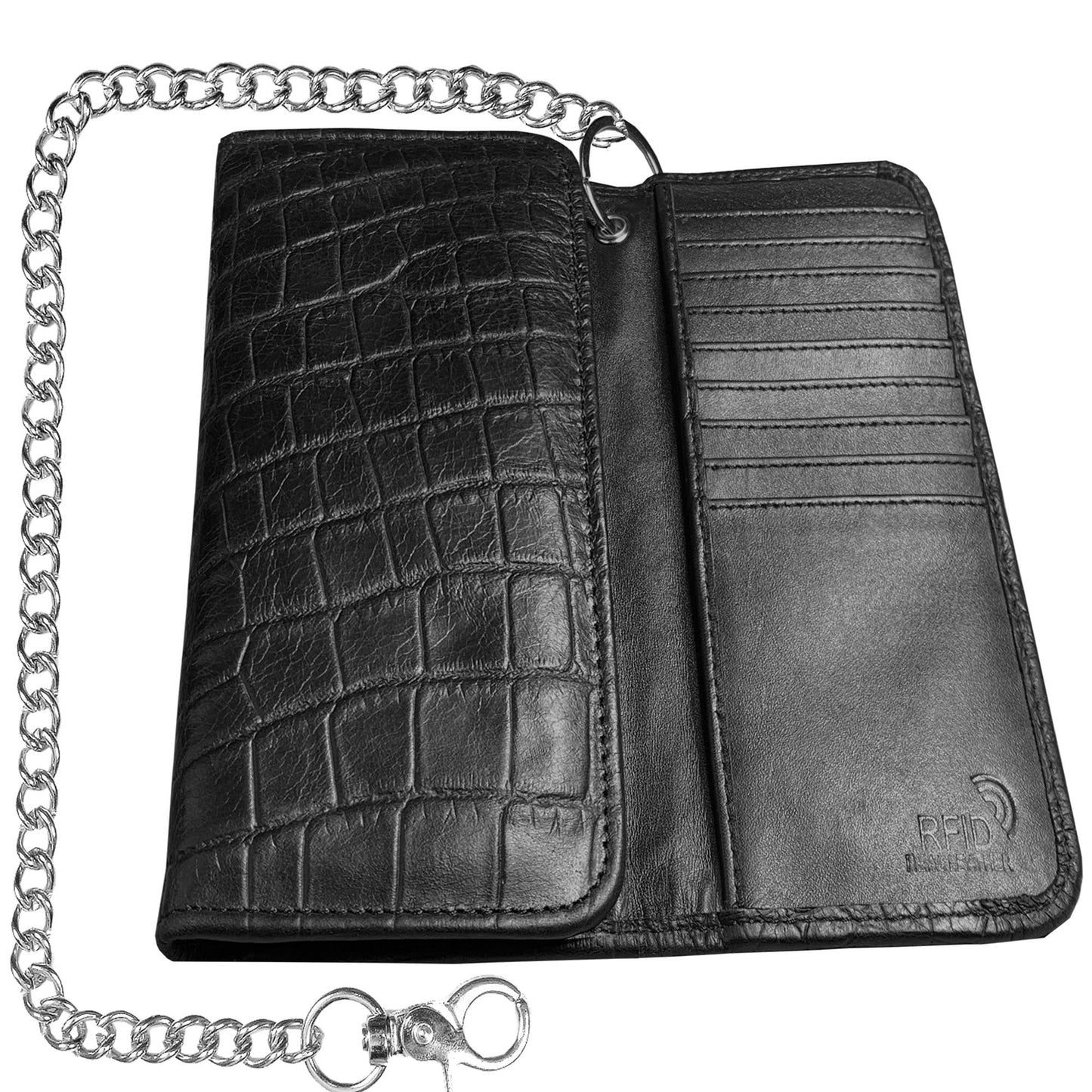 IBRO Motorcycle Chain Wallet for Men – Premium Cowhide Leather, RFID Tri-Fold Biker Wallet with Heavy Duty Chain for Bikers Truckers & Hunters, Credit Card Money Organizer Long Wallet Crocodile Black