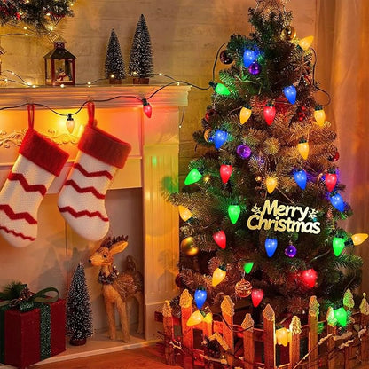C7 60 LED Battery Operated Christmas Lights,Battery Powered Multicolor Waterproof Bulbs,21.3 FT 8 Modes with Auto On/Off Time for Xmas Tree Garden Patio Indoor Outdoor Christmas Decorations
