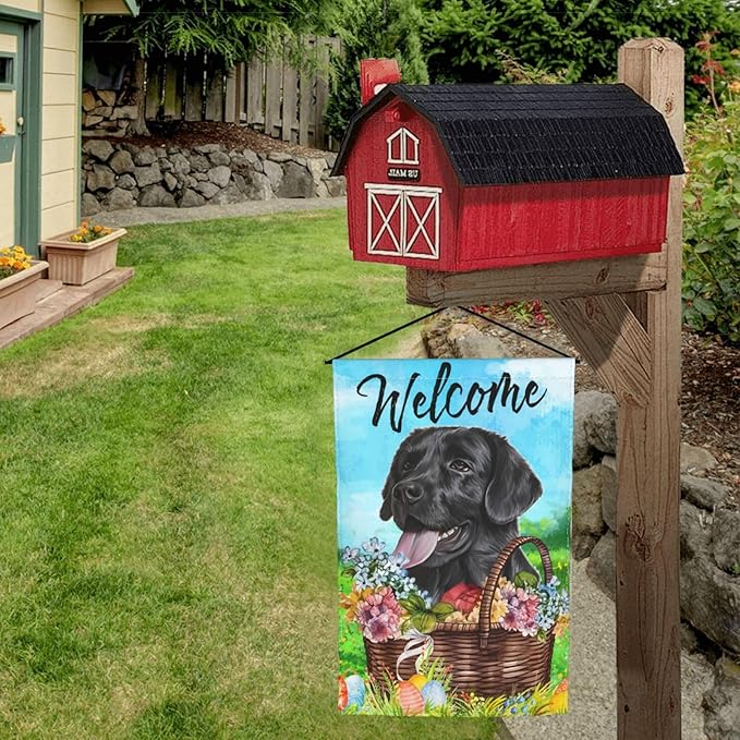 Labrador Dog Lab Happy Easter Black Flower Egg Garden Flag Welcome Party Outdoor Outside Decorations Picks Home House Garden Yard Decor 12x18 Inch