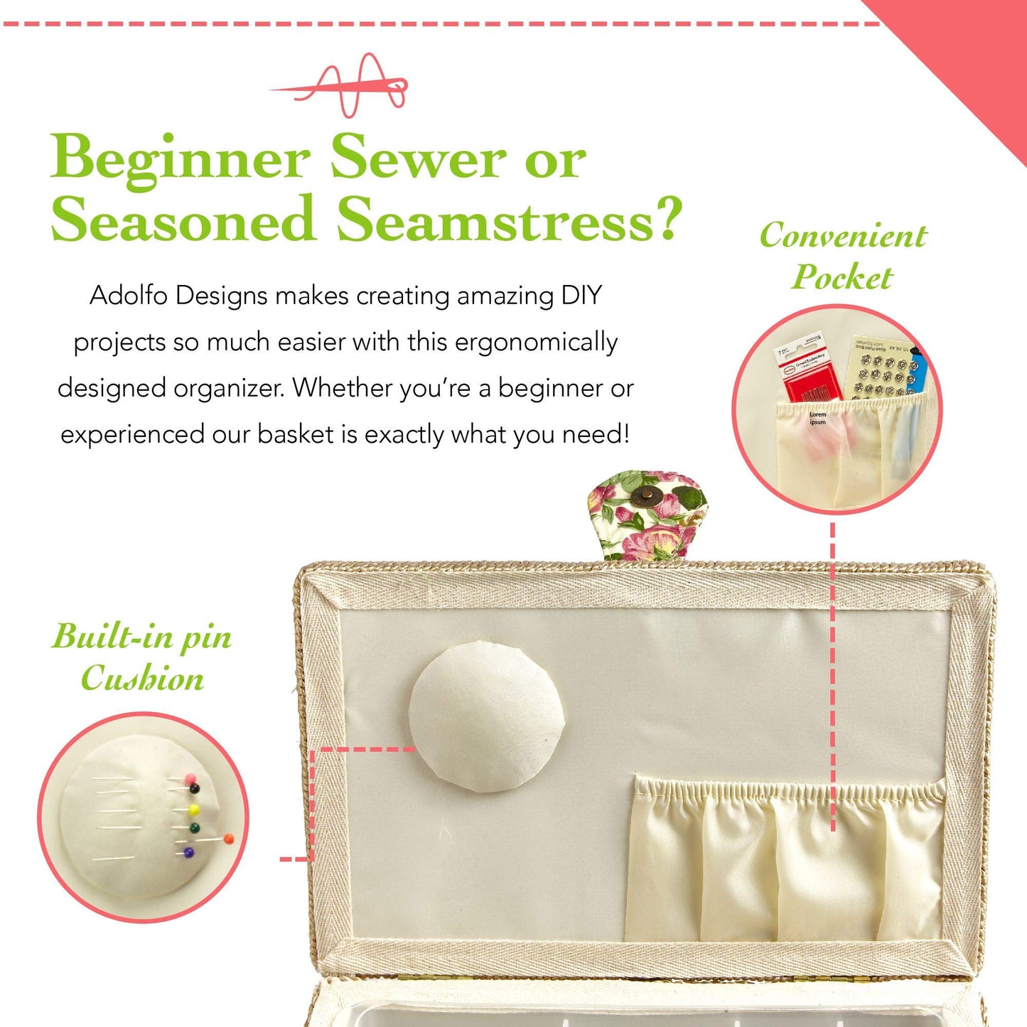 Sewing Basket with Tulip Floral Print Design- Sewing Kit Storage Box with Removable Tray, Built-In Pin Cushion and Interior Pocket - Large - 12" x 9" x 6" - by Adolfo Design