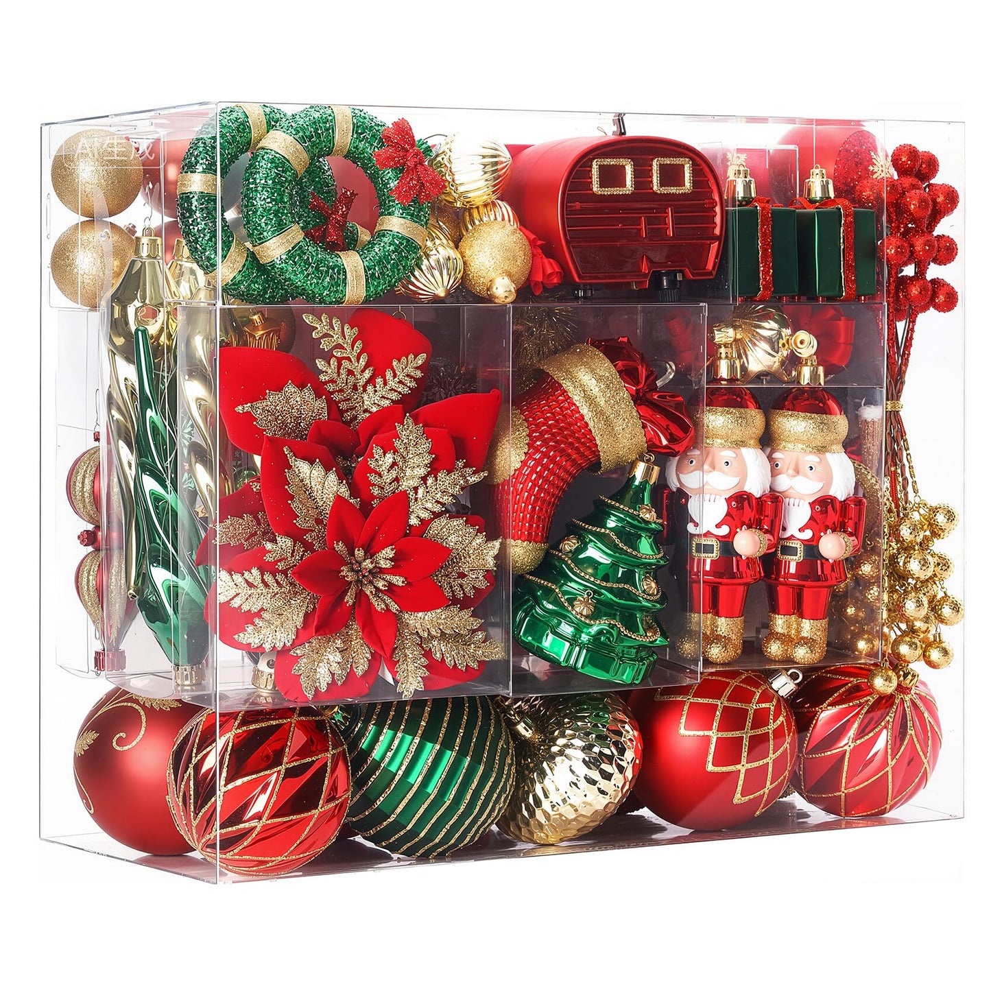 SHareconn 135pcs Christmas Balls Ornaments Set, Shatterproof Plastic Baubles, Ribbon and Tree Topper for Xmas Tree Holiday Wedding Party Decorations with Hanging Strings, Red, Green and Gold