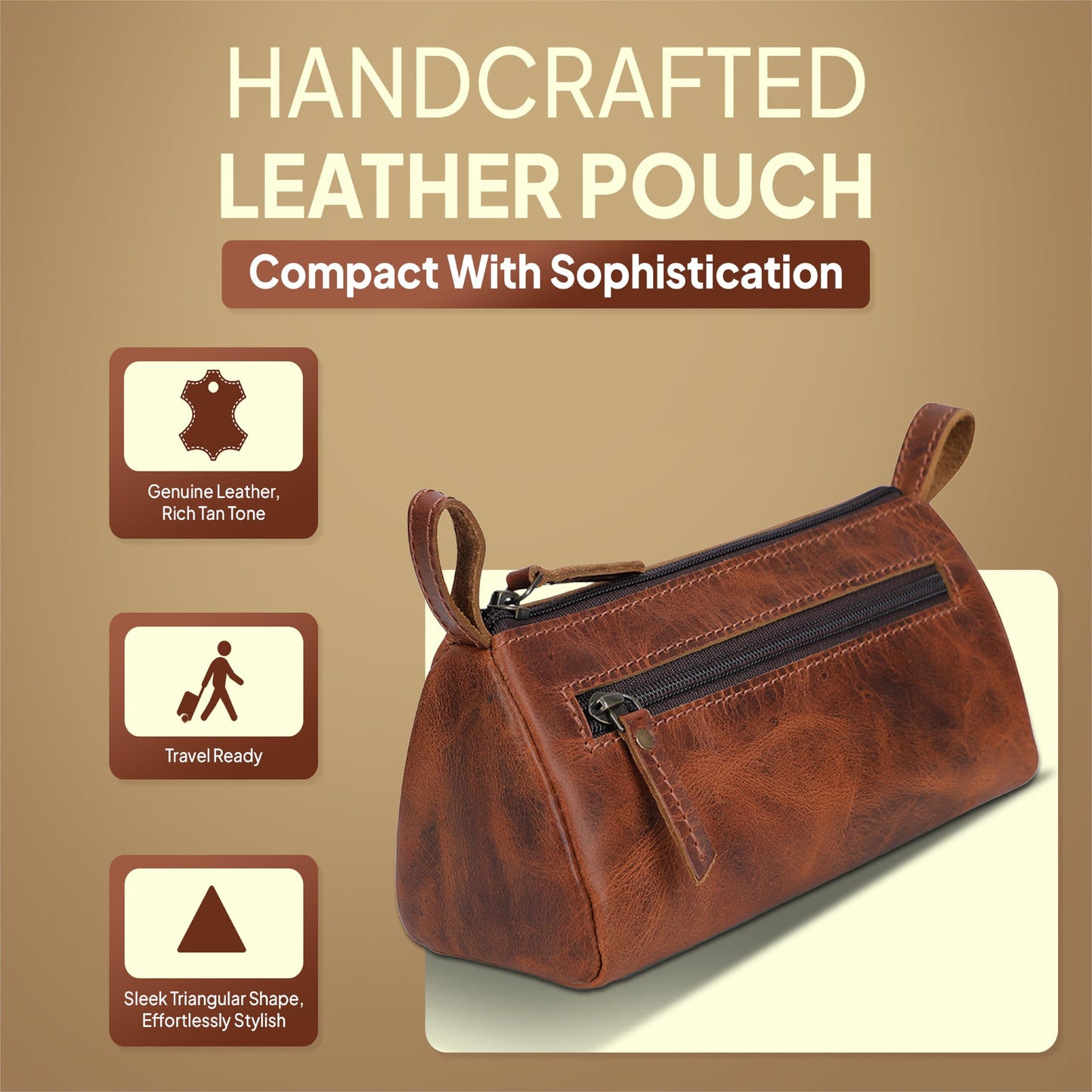 TheAntiq Leather Makeup Bag for Women – Genuine Leather Cosmetic Bag Travel, Handmade Zippered Makeup Pouch, Small Toiletry Bag, Shaving Kit & Stationery Organizer- Tan