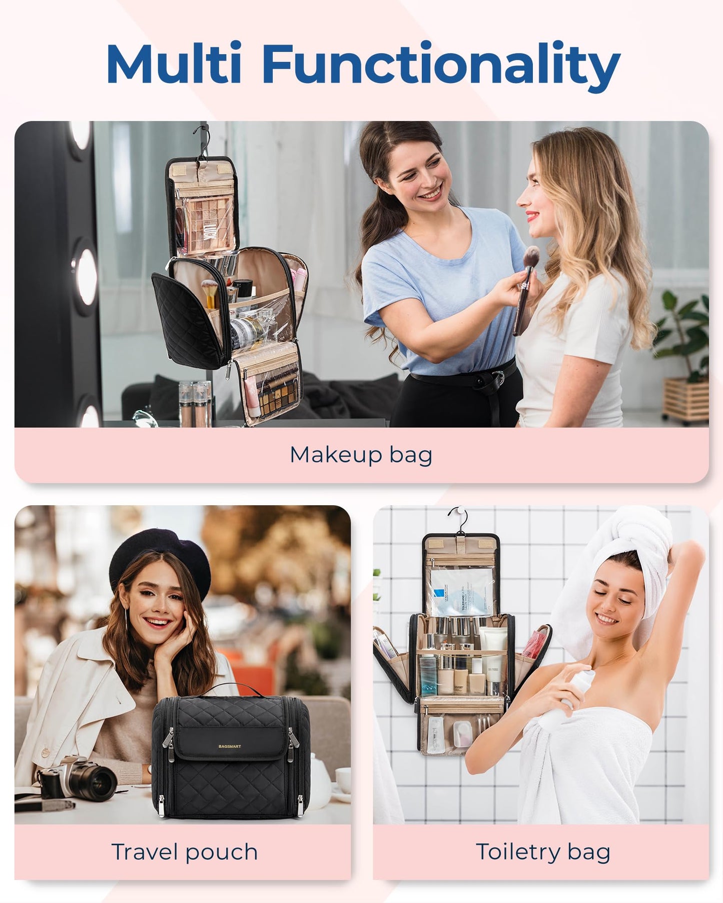 BAGSMART Makeup Bag for Women with Hanging Hook, Large Portable Capacity Water-resistant Organizer Travel Case for Toiletries and Cosmetics, Brown