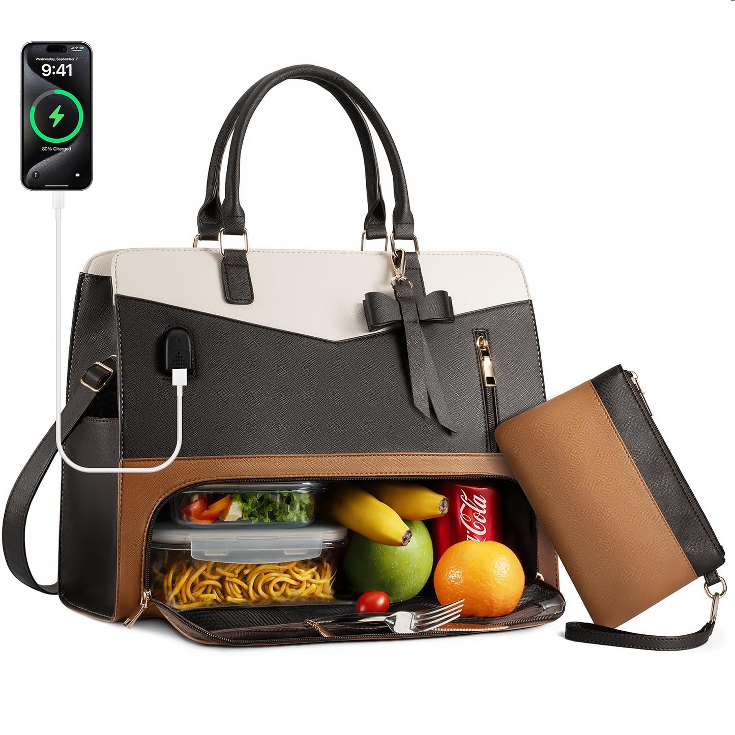 Tiostep Lunch Tote Bag for Women 2 in 1 Laptop Work Bag with Lunch Insulated Compartment and Purse Combo Leather Crossbody Bag (Black Brown)