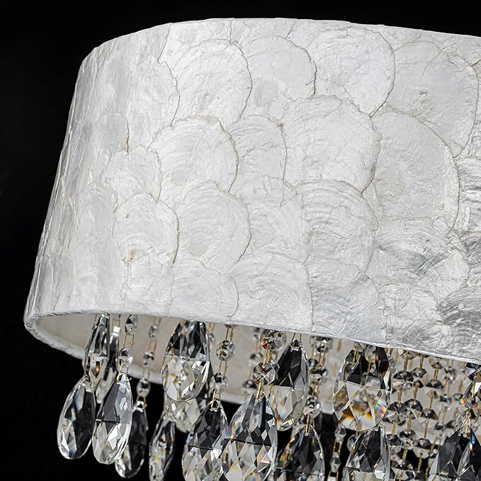 6-Lights Drum Capiz Shell Crystal Chandeliers, Coastal Style Pendant Light Fixture for Dining Room, Living Room, D24 x H23~71 inch(Adjustable), Shell Lampshade & Gold Finish