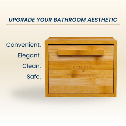 CLEAN SKIN CLUB Luxe Bamboo Box with Drawer & Towels XL, USDA Certified 100‪%‬ Biobased Dermatologist Approved Face Towel, Disposable Makeup Remover Dry Wipes, Facial Wash (Bamboo Container Drawer)
