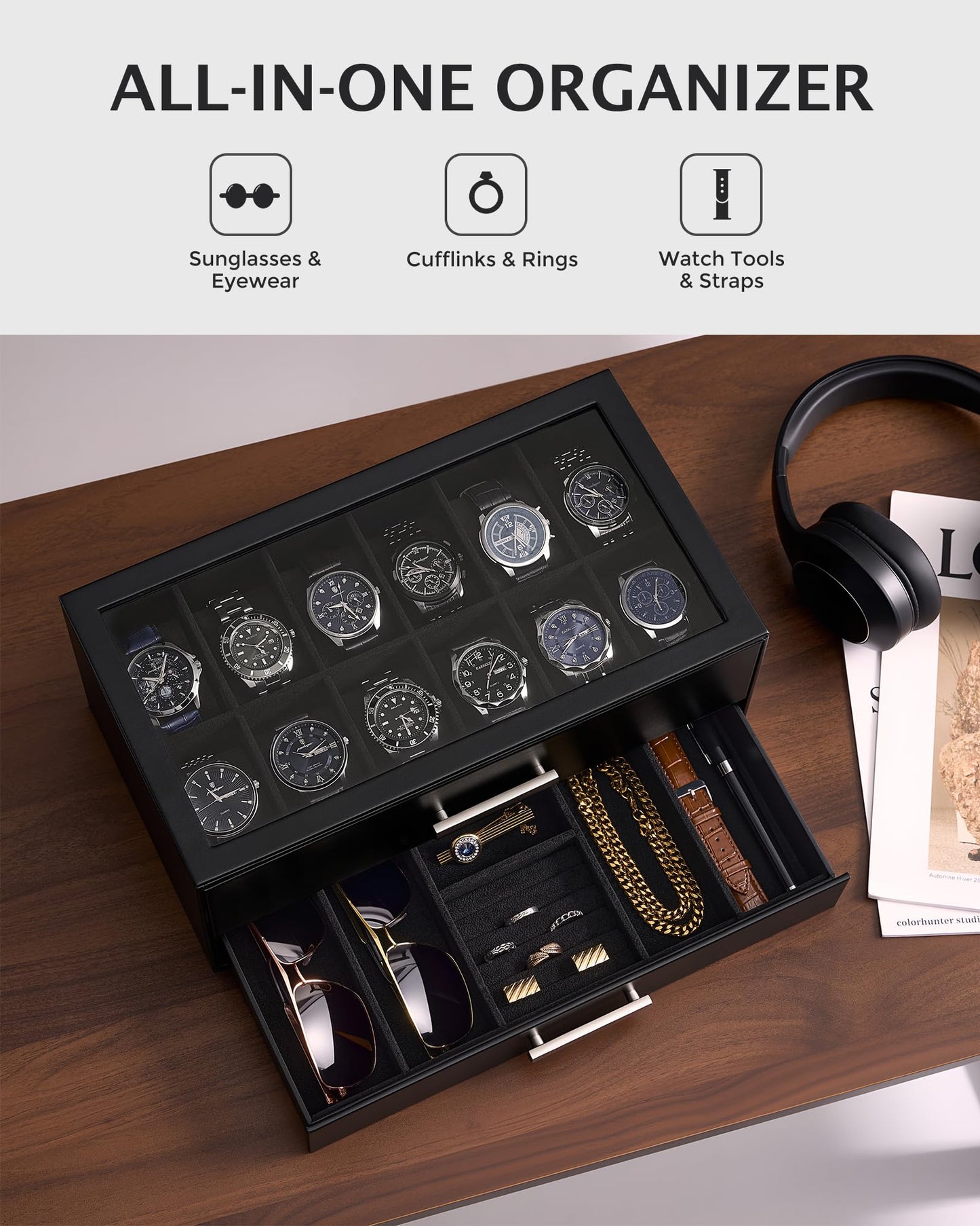 ProCase Black 12 Slot Watch Box and Black 2-Slot Watch Travel Case Bundle, 2-Tier Pull-Out Drawer Organizer, Clear Top Display Lid, Jewelry and Sunglasses Storage, Portable PU Leather Watch Holder