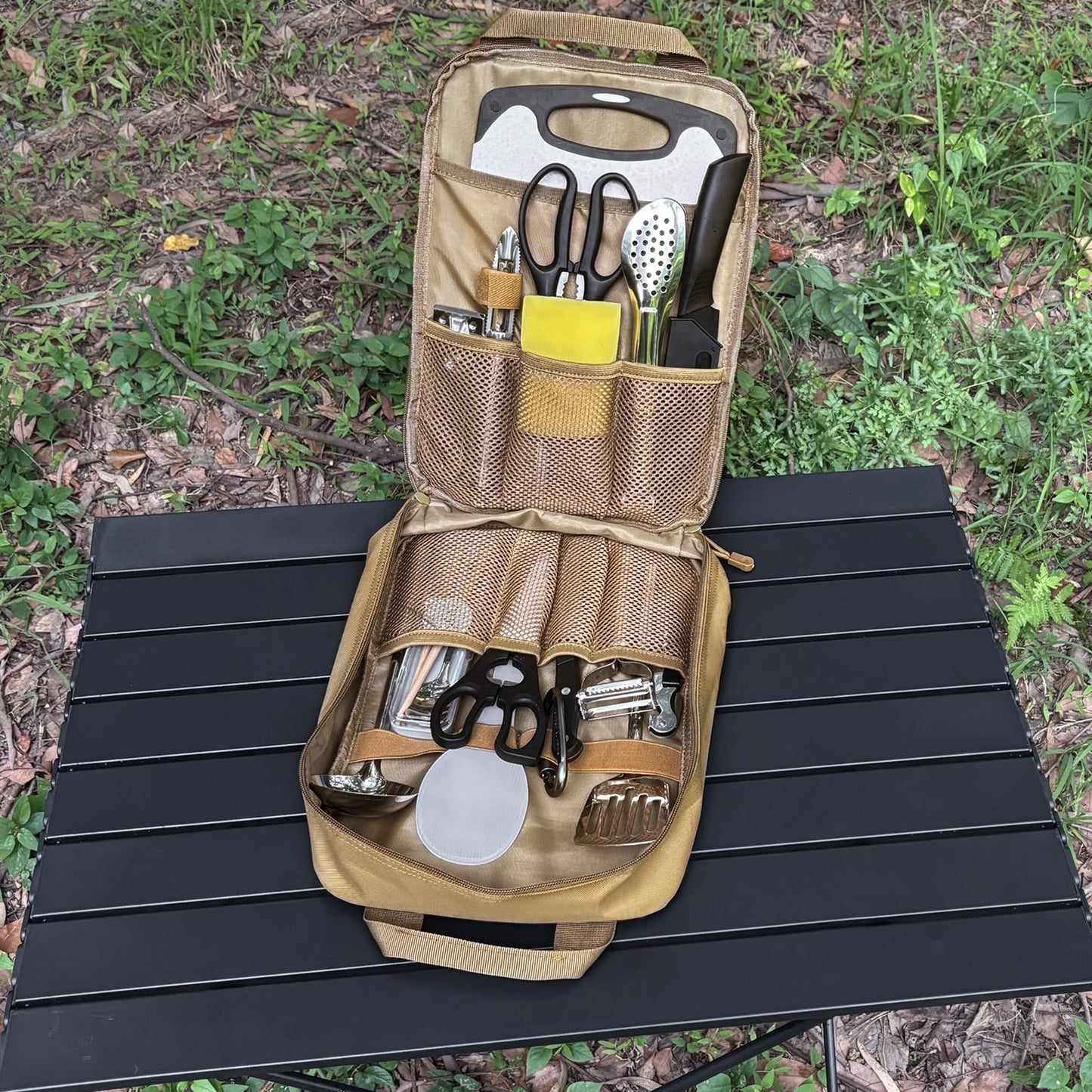 Lemubeane Tactical Camp Kitchen Organizer Camping Cooking Utensils Bag for BBQ, Picnic, Travel & Hiking (Khaki)