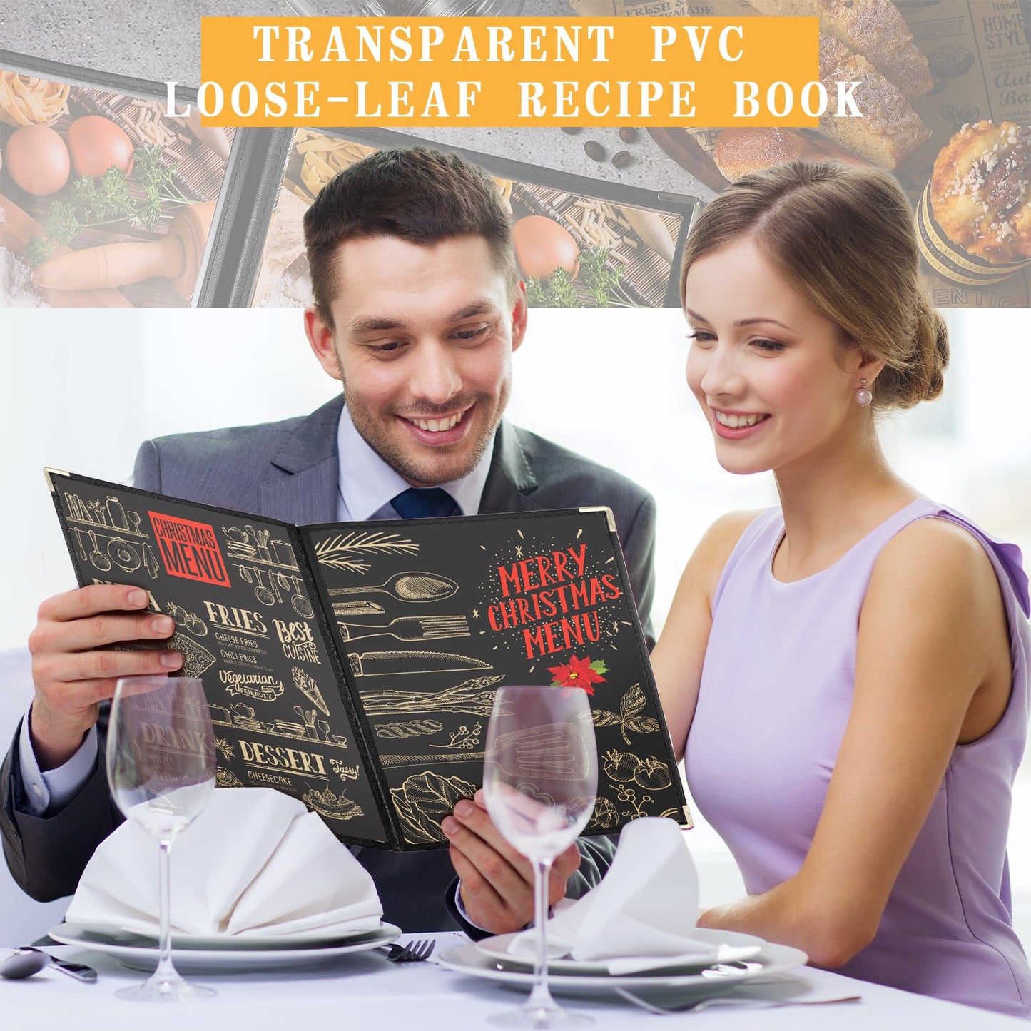 Henoyso 50 Pcs 8.5 x 11 Inch Menu Covers 4 Page 8 View Transparent Restaurant Covers Book Fits A4 Size Paper, Bar Cafe Clear Menu Holder Folder with Leatherette Trim and Decorative Corners, Black