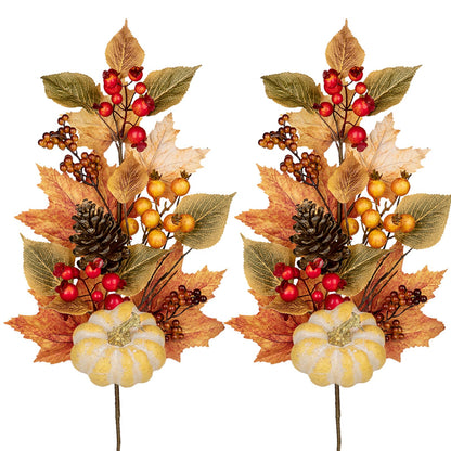 2PCS Artificial Fall Branches Fake Pumpkin Pine Cone Maple Beech Leaves with Red Berries, 30" Tall Faux Fall Stems Autumn Décor for Vase Farmhouse Kitchen Table Centerpiece Decoration