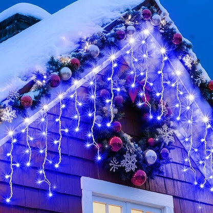 XURISEN 66ft Christmas Lights Decorations Outdoor, 640 LED 8 Modes Curtain Fairy Lights with 120 Drops,Plug in Waterproof Timer Memory Function for Christmas Holiday Wedding Party Decor(Blue)
