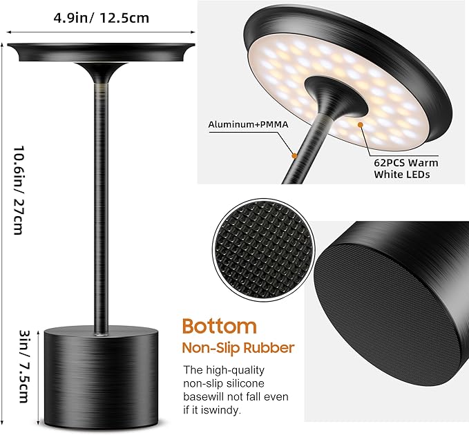 Cordless Table Lamp, Portable Rechargeable 6000mAh Outdoor Table Lamp, 3 Color Stepless Dimming Battery Powered Lamp, LED Table Light for Dinner/Restaurant/Outdoor (2Pack Black)